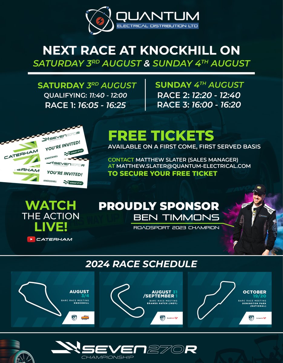 It’s almost time to go racing again, this time at Knockhill!

The racing continues on Saturday 3rd August &amp; Sunday 4th August, with 3 action packed races.

Quantum are proud to be supporting Ben Timmons during his Caterham 270R Championship, in the Quantum Caterham!