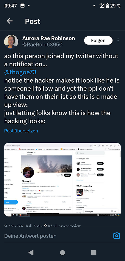 thogoe73's tweet photo. And another Gangstalker fraud. Tell her i am a TI from germany and not a hacker. i cant even find this person or answer her. Gangstalker did this.
Thomas https://t.co/P0qLXEO4T7
