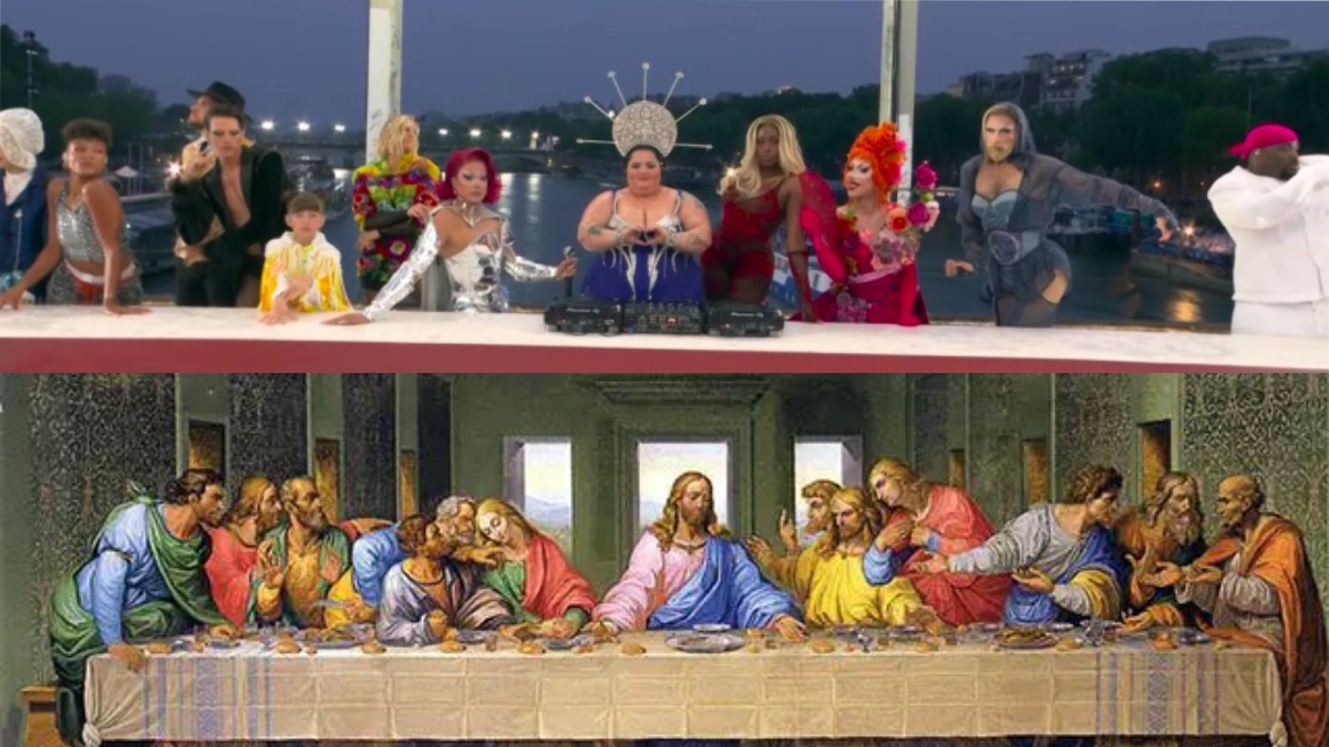 An excerpt from the 2024 Paris Olympics opening ceremony compared to the painting of The Last Supper. Image Source: Reddit