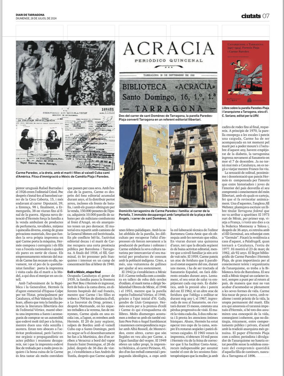 CarodRoviraJLl's tweet photo. Nou article històric sobre “L’exili tarragoní a Mèxic (IV)”, a la secció Retalls tarragonins, avui al @diaridtarragona: Carme Paredes i Hermós Plaja, l’anarquisme tarragoní. https://t.co/Q5dy16MS7i