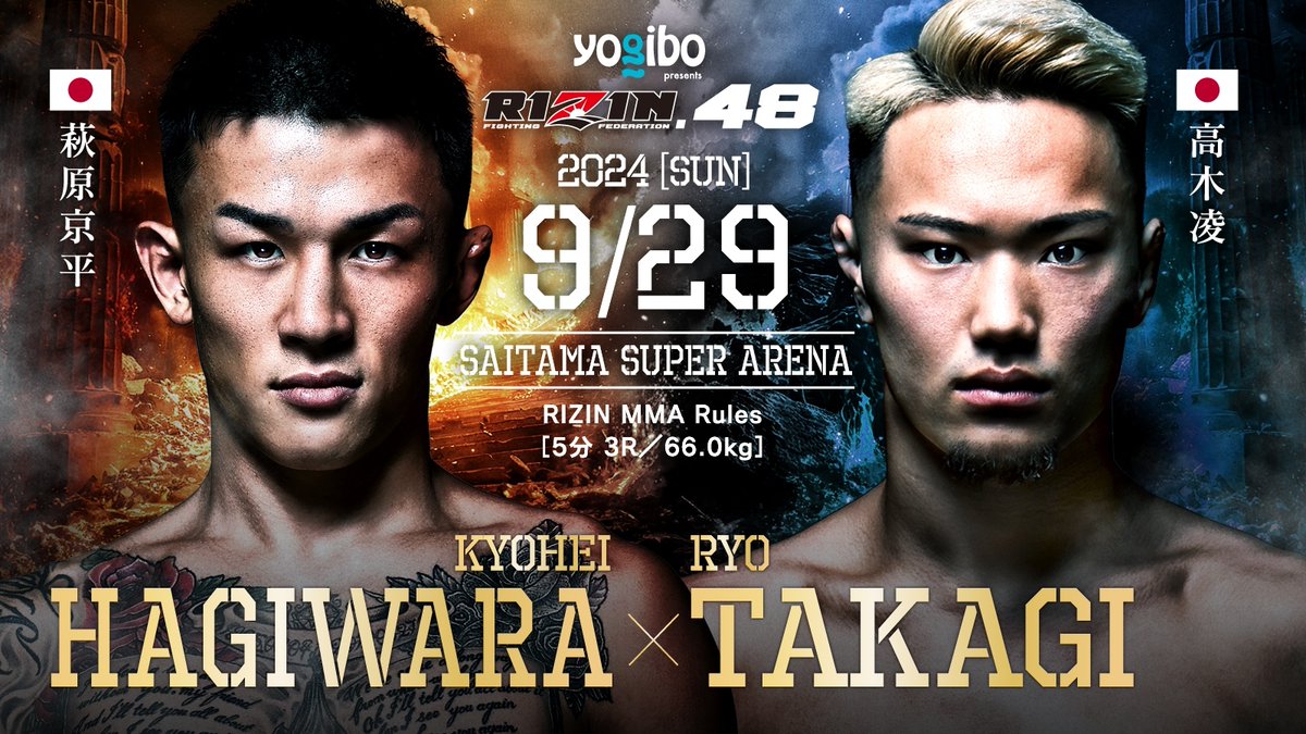💥💥決定カード💥💥
#Yogibo presents #RIZIN48

RIZIN MMAルール 66.0kg

🟥#萩原京平/<a href="/pax12_k/">Kyohei Hagiwara 【萩原　京平】</a>
ｱﾝﾀﾞｰｸﾞﾗｳﾝﾄﾞｴﾝﾍﾟﾗｰ
ーーー🆚ーーー
🟦#高木凌/<a href="/ryo_t_iam/">高木凌/Ryo Takagi</a>
PANCRASEﾗﾝｷﾝｸﾞ1位

📅9/29(日)12:00開場/14:00開始(予定)
🏟さいたまスーパーアリーナ
🔗jp.rizinff.com/_ct/17712361