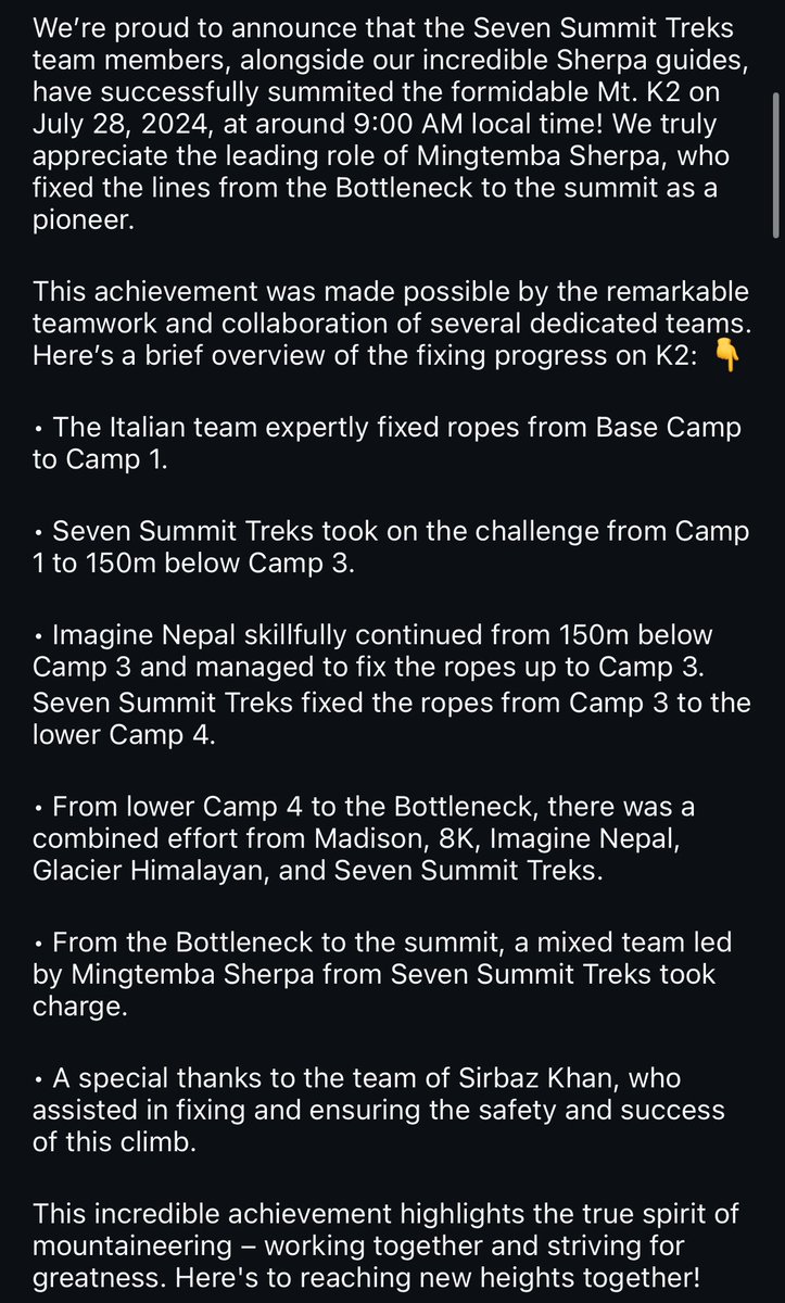 ⛰️ Summit Update K2 ! 28 July 2024 !

We’re proud to announce that the Seven Summit Treks team members, alongside our incredible Sherpa guides, have successfully summited the formidable Mt. K2 on July 28, 2024, 

<a href="/sst8848/">Seven Summit Treks 🇳🇵</a> 

#k2 #8611m #summit #pakistan