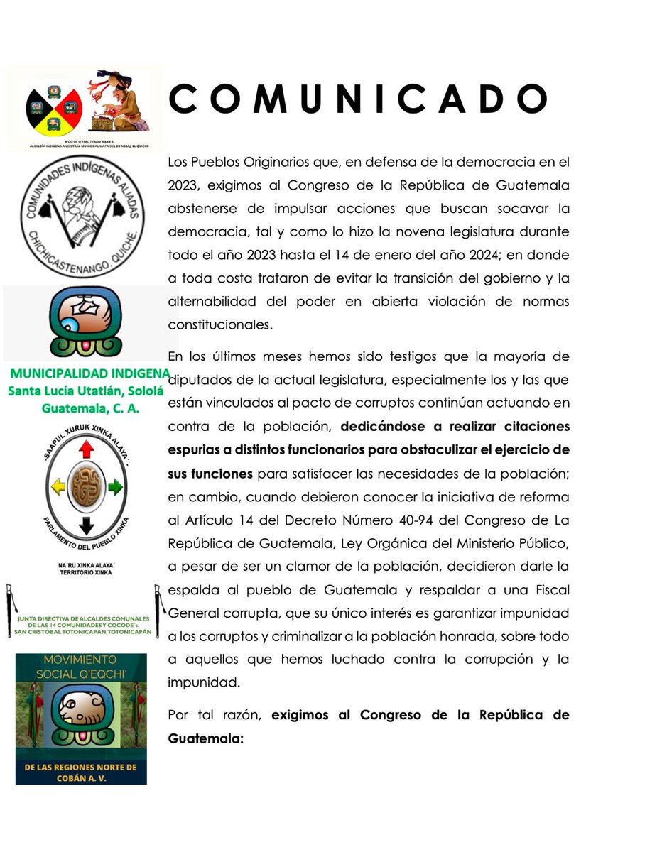 PrensaComunitar's tweet photo. #Ahora ✊🏾 Exigen al @CongresoGuate que deje de entorpecer el trabajo de los funcionarios de @GuatemalaGob 

Autoridades Indígenas demandan a la  @CC_Guatemala, @OJGuatemala, @CACIFGuatemala y @MPguatemala  que dejen de entorpecer y manipular la #ElecciónDeCortes 📢 https://t.co/GFUog0EcUa