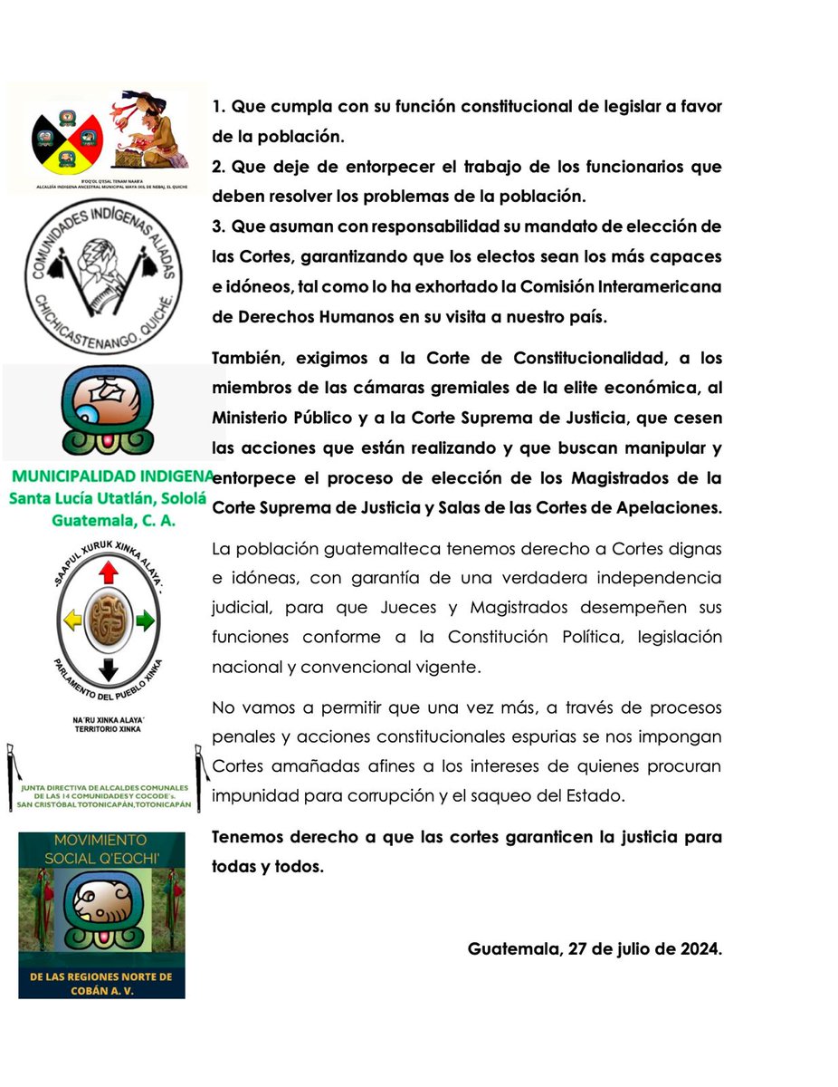 PrensaComunitar's tweet photo. #Ahora ✊🏾 Exigen al @CongresoGuate que deje de entorpecer el trabajo de los funcionarios de @GuatemalaGob 

Autoridades Indígenas demandan a la  @CC_Guatemala, @OJGuatemala, @CACIFGuatemala y @MPguatemala  que dejen de entorpecer y manipular la #ElecciónDeCortes 📢 https://t.co/GFUog0EcUa