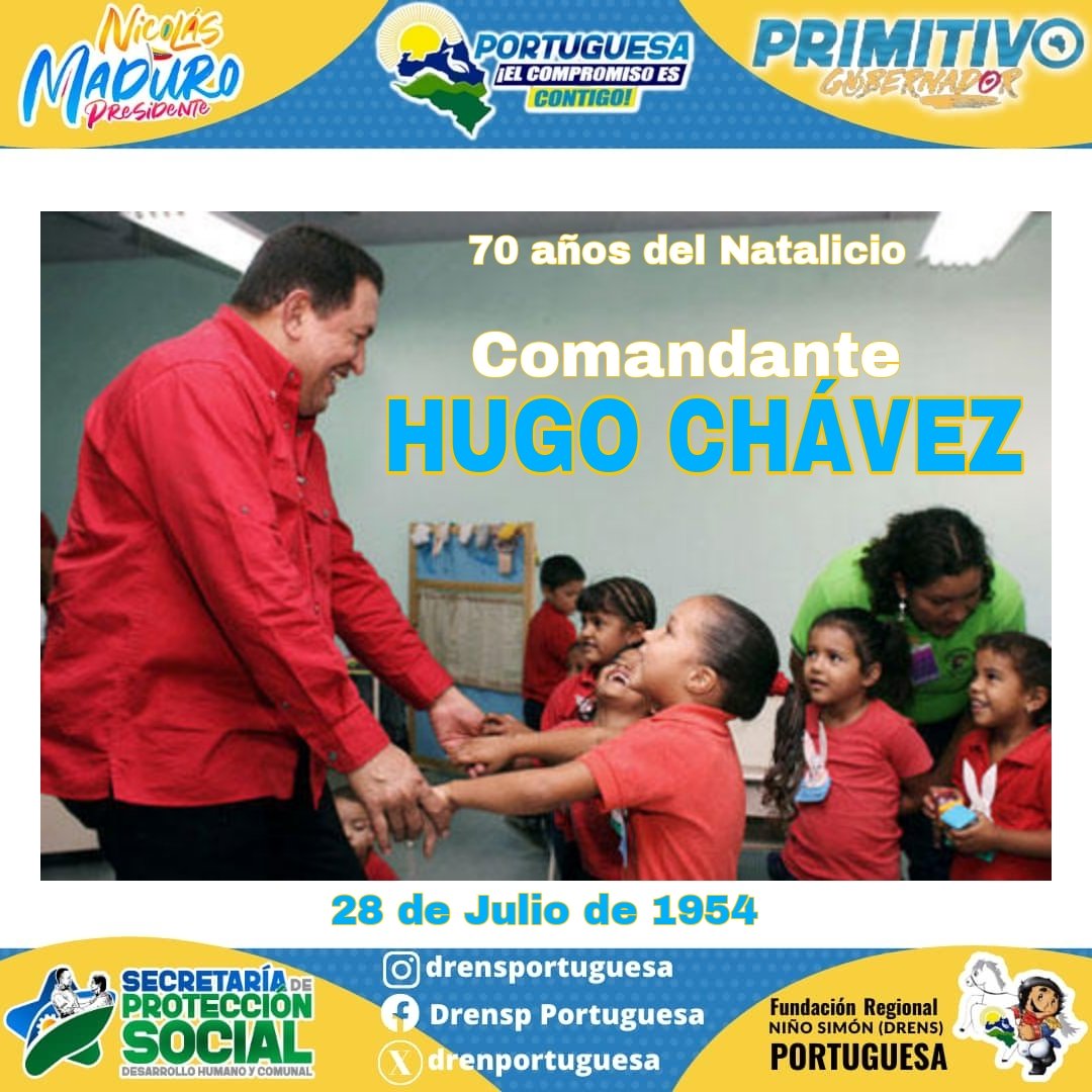 #Hoy se cumplen 70 años del Natalicio del Comandante Supremo Hugo Chávez... Desde la Fundación Regional El Niño Simón Portuguesa, le rendimos honores y destacamos su gran legado de lucha por la igualdad social, la paz, la independencia y el amor al prójimo.