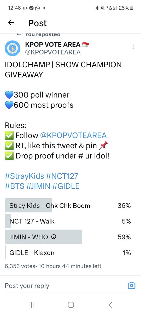 GLACIERHAIN's tweet photo. @KPOPVOTEAREA Proof for: #JIMIN https://t.co/h08RRk9L2H