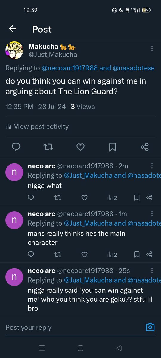 its_dorbickmon's tweet photo. (posting this in my other account before someone elses comes in)

they asked for an argument, tells them if we can argue about The Lion Guard, they begin to rant a lot

dude can't really argue and win 🤣 https://t.co/mi6WH928au