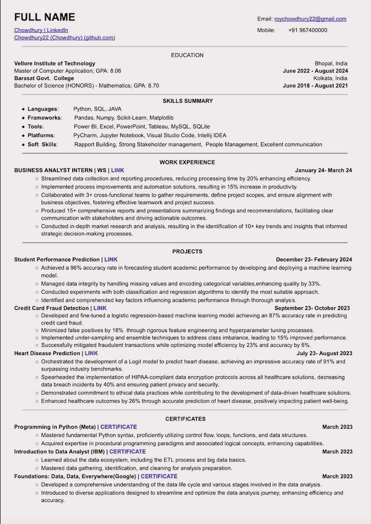 Aryan Rakib (@tec_aryan) on Twitter photo This Resume has an ATS score of more than 94 π€―
This Resume helped many in getting an interview calls from companies like Google, Microsoft, Amazon, and many more. πΌ
To get it:
1. Follow me <a href="/tec_aryan/">Aryan Rakib</a> (So that I can DM)
2. Like & Repost
3. Reply "CV"
Follow me for sure DM This Resume has an ATS score of more than 94 π€―
This Resume helped many in getting an interview calls from companies like Google, Microsoft, Amazon, and many more. πΌ
To get it:
1. Follow me <a href="/tec_aryan/">Aryan Rakib</a> (So that I can DM)
2. Like & Repost
3. Reply "CV"
Follow me for sure DM