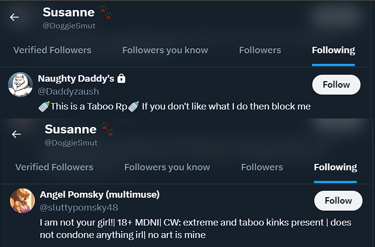 alex.⠀

Girl you think age play and age difference are the same thing, and also follow at least two openly taboo accounts, one of which is very blatantly an age play account.

You have -5 reasons to be talking shit right now.