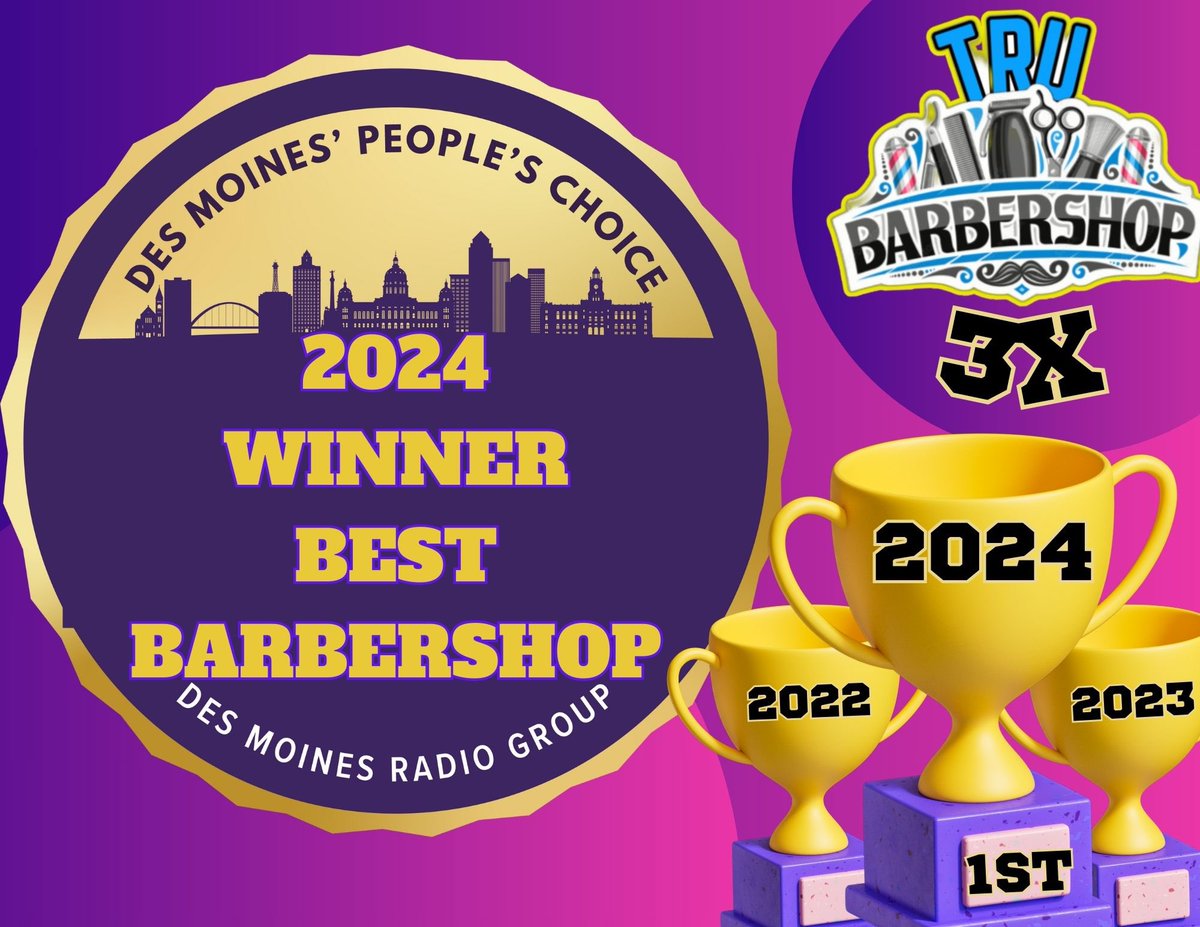 🎉🪒 Congratulations to Tru Barbershop for being voted Des Moines people's choice best barbershop for the third time in a row! 🪒🎉 

Keep up the fantastic work! 💈✂️ #BestBarbershop #DesMoines #ThreePeat 🏆🏆🏆