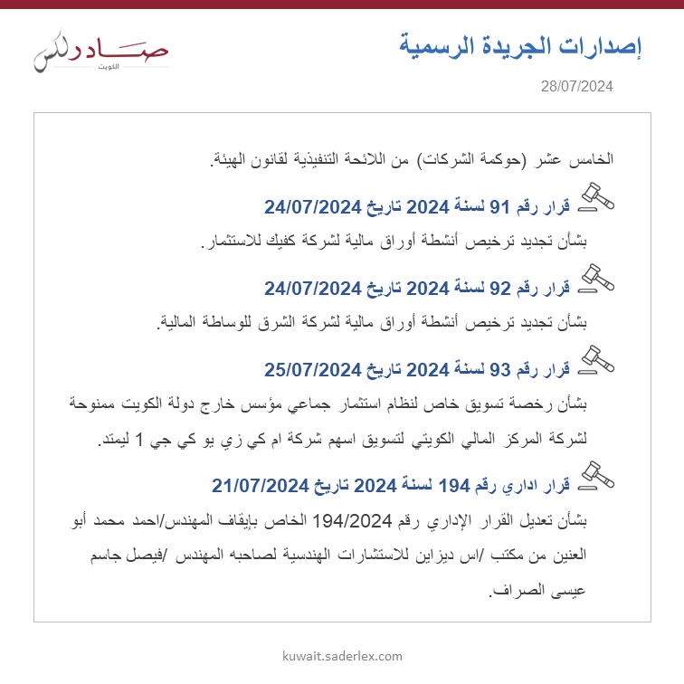 SADERLexKuwait's tweet photo. اصدارات الجريدة الرسمية العدد 1697/2024 تاريخ 28/07/2024 #SADER1863 #SADERLexKuwait #LawsOfKuwait #KuwaitLaws #OfficialGazette1697 #كويت_اليوم #اصدارات #قوانين_الكويت #جريدة_رسمية_1697 https://t.co/rpBywvkFih