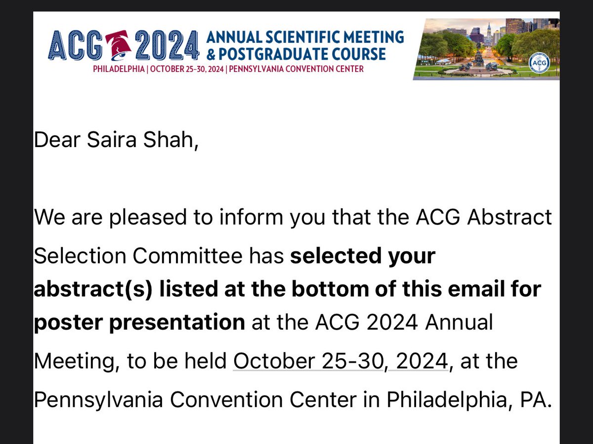 Saira Shah (@saira961) on Twitter photo Here we come, Philly!
Super excited & grateful that 5/5 abstracts got accepted (2 as first author)
Big thanks to <a href="/iyadiologyMD/">Iyad Albustami MD MPH(c)</a> <a href="/SalmanhaiderMD/">Salman Haider, MD</a>
Looking forward to learning & connecting with presenters & colleagues
#MedTwitter #WomeninGI #ACG2024 <a href="/AmCollegeGastro/">ACG</a> <a href="/AmerGastroAssn/">American Gastroenterological Association (AGA)</a> Here we come, Philly!
Super excited & grateful that 5/5 abstracts got accepted (2 as first author)
Big thanks to <a href="/iyadiologyMD/">Iyad Albustami MD MPH(c)</a> <a href="/SalmanhaiderMD/">Salman Haider, MD</a>
Looking forward to learning & connecting with presenters & colleagues
#MedTwitter #WomeninGI #ACG2024 <a href="/AmCollegeGastro/">ACG</a> <a href="/AmerGastroAssn/">American Gastroenterological Association (AGA)</a>