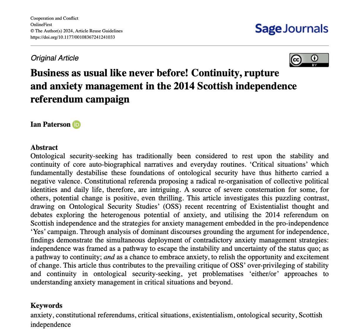 Cooperation and Conflict (@coco_journal) on Twitter photo Continuity, rupture, anxiety: Using #ontological security theory, <a href="/IanPaterson_IR/">Ian Paterson</a> explores the 2014 referendum on #Scottish independence and the strategies for #anxiety management embedded in the mainstream pro-independence ‘Yes’ campaign. <a href="/UofGlasgow/">University of Glasgow</a>
journals.sagepub.com/doi/full/10.11… Continuity, rupture, anxiety: Using #ontological security theory, <a href="/IanPaterson_IR/">Ian Paterson</a> explores the 2014 referendum on #Scottish independence and the strategies for #anxiety management embedded in the mainstream pro-independence ‘Yes’ campaign. <a href="/UofGlasgow/">University of Glasgow</a>
journals.sagepub.com/doi/full/10.11…