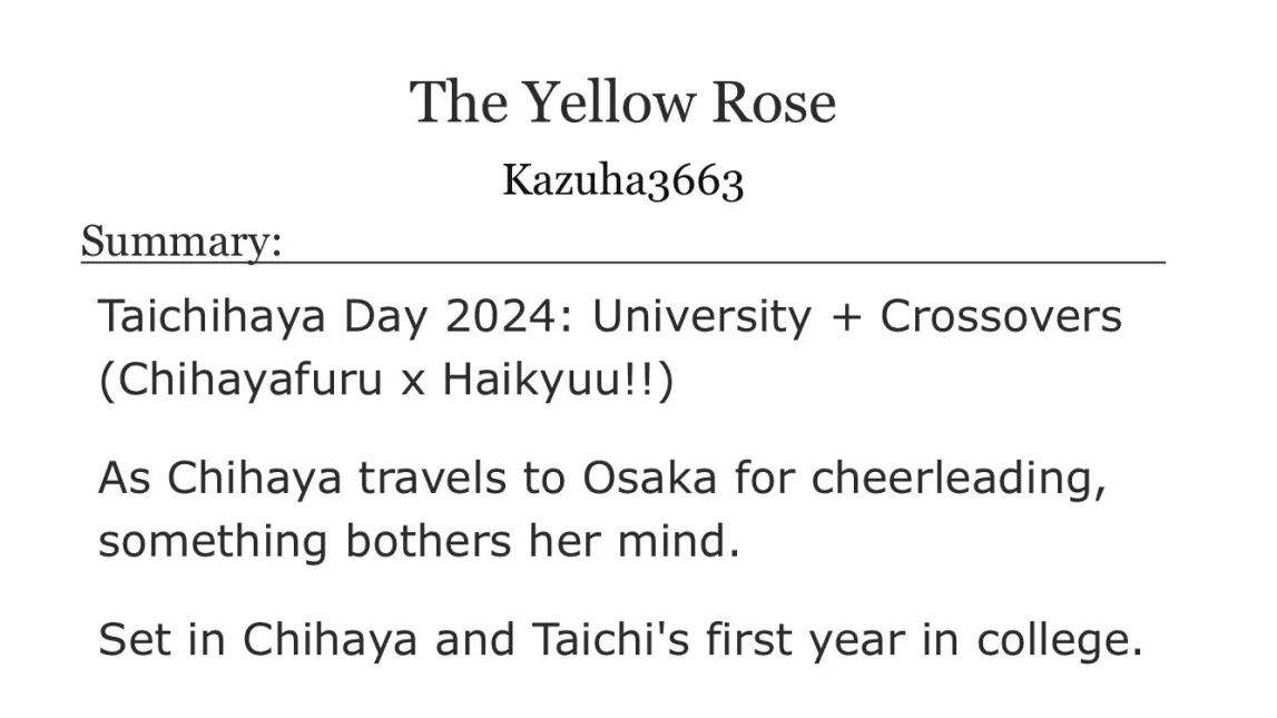 kazuha3663's tweet photo. Taichihaya Day 2024: University + Crossovers (Chihayafuru x Haikyuu!!)  

Hoping everyone enjoys reading about Chihaya's first jealousy after dating Taichi! 🩷

https://t.co/t2wSDqmpqU

#TaichihayaDay2024 #taichihaya #chihayafuru #ちはやふる #たいちは @TaichihayaD https://t.co/Wsjv0Xublh