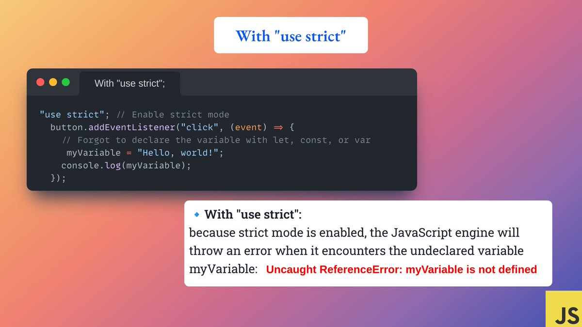 KaranChava55153's tweet image. 🌟 Understanding JavaScript&apos;s Strict Mode 🌟
  
  @JavaScriptMastery @JavaScriptDeveloper @JavaScript
#JavaScript  #Coding  #StrictMode  #WebDevelopment  #Coding  #Programming  #LearningJourney  #LearningJourney