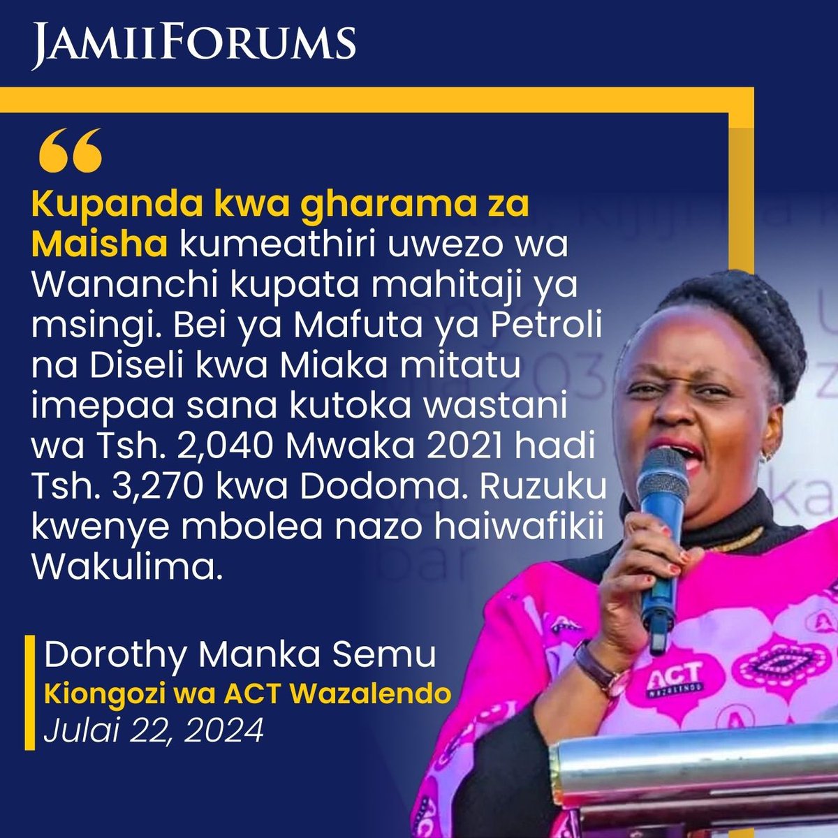JamiiForums's tweet image. Dorothy Manka Semu ambaye ni Kiongozi wa Chama cha #ACTWazalendo, aliyasema hayo wakati akieleza Chama hicho kuchukizwa na ugumu wa Maisha anaodai unawakabili Wananchi

Alieleza #UgumuWaMaisha unatokana na kupanda kwa Bei ya Bidhaa, Utitiri wa Kodi, #Tozo, Ushuru na Mazingira