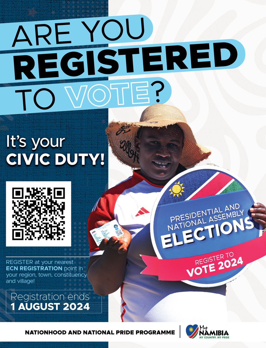 MICTNamibia's tweet photo. REGISTER TO VOTE - Register to vote now for your voice to be heard. By registering, you get a chance to cast your vote in the 2024 November general elections. REGISTER TODAY!!! Only four days left. #MyNamibia #MyCountry #CivicDuty
#NamibiaVotes24 https://t.co/pdFDjbBNm9
