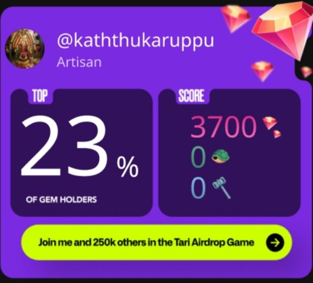 I'm in the top 22% of players in the Tari Airdrop game! <a href="/tari/">Tari</a> is a new versatile layer 1 blockchain protocol built in Rust. Play the airdrop game now! airdrop.tari.com/?referral=vOp5… #MyTariRank