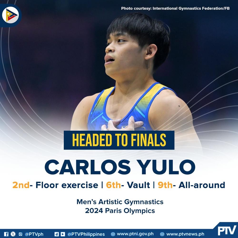 PTVph's tweet photo. FINALS BOUND ���‍♂️🇵🇭

Pasok na si Filipino Gymnast Carlos Yulo sa three medal rounds ng 2024 Paris Olympics gymnastics matapos mag-qualify sa Floor Exercise (2nd place), Vault (6th place), at All-Around (9th place) sa Men’s Artistic Gymnastics Qualification ng 2024 Paris Olympics. https://t.co/xbQaaWVkG2
