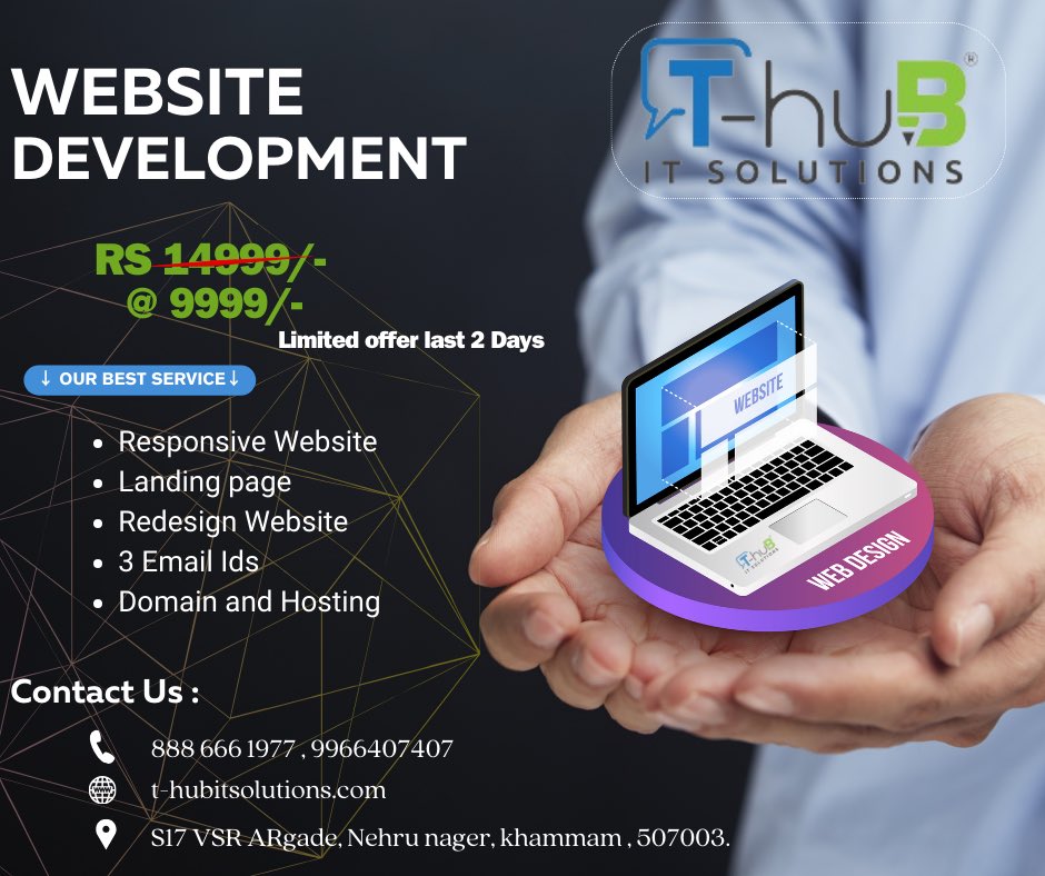 ThubitSolutions's tweet image. 🚀 Attention Khammam! 🚀
Get a stunning, responsive website for just ₹9999/- with T-Hub IT Solutions. 
Contact us at 9966407407, 8886661977 for more details.
Located in Khammam
#WebsiteDesign #ResponsiveWebDesign #THubITSolutions #Khammam #WebDevelopment #AffordableWebDesign
