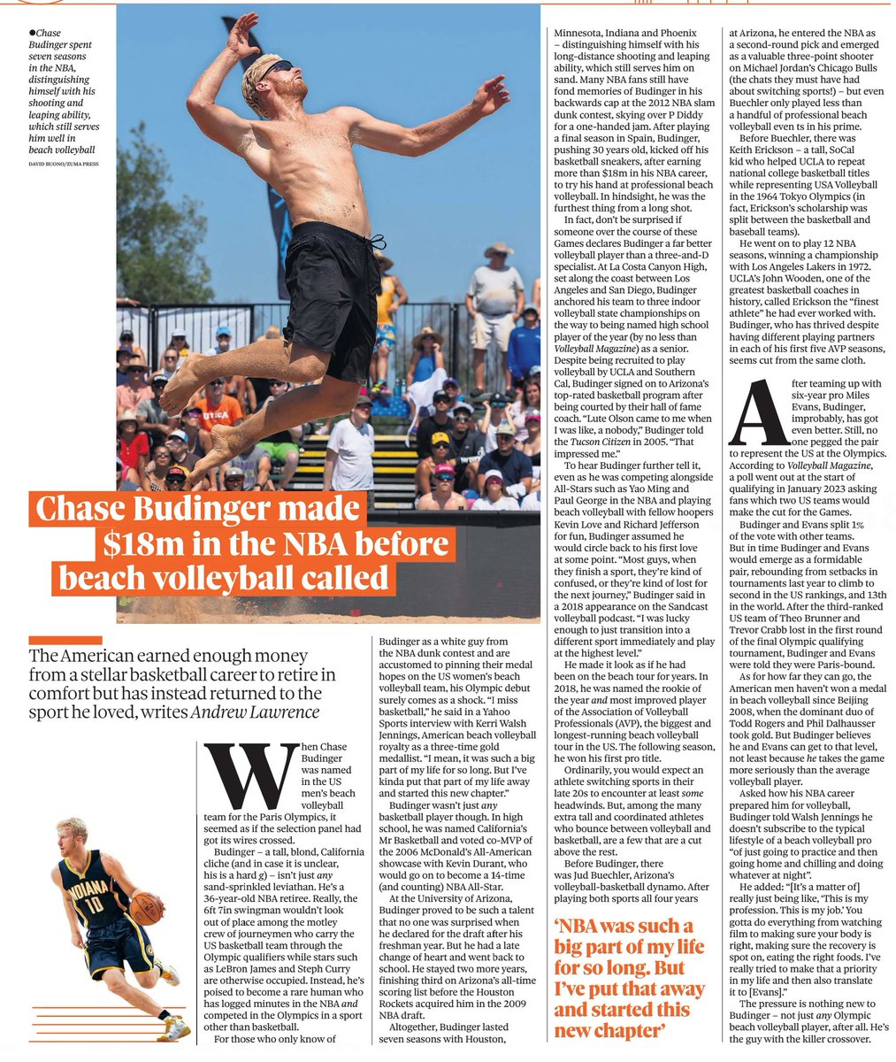 Paris 2024'ün ilginç hikayelerinden biri, basketbolcu olarak bıraktığımız Chase Budinger'ın 30 yaşında emekli olmasının ardından plaj voleybolu kariyerine imza atması.. 
Aradan geçen altı yılda Budinger, Olimpiyat kadrosunda yer alacak kadar üst düzey bir plaj voleybolcusu oldu..