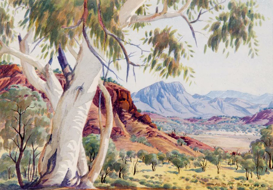 cactusian's tweet photo. Albert Namatjira 🇦🇺 (b. 28.7.1902)
'Ghost Gum, Central Australia' (1956)
Watercolour on paper
26 x 36.5 cm
#MacDonnellRanges
@agsa_adelaide 
#NationalTreeDay https://t.co/nytUDnez6D