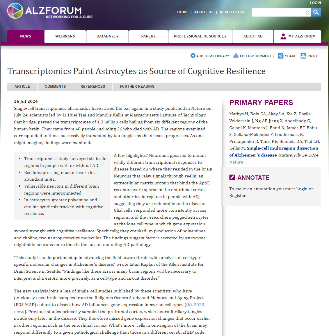 manoliskellis's tweet photo. Outstanding news article by the always-insightful @AlzForum on our #SingleCell #MultiRegion study of #Alzheimers Disease. Thanks for the wonderful coverage of our work!
https://t.co/xOhJBg0M4T
https://t.co/XsNnQODcPq https://t.co/MG6yu9eZao
