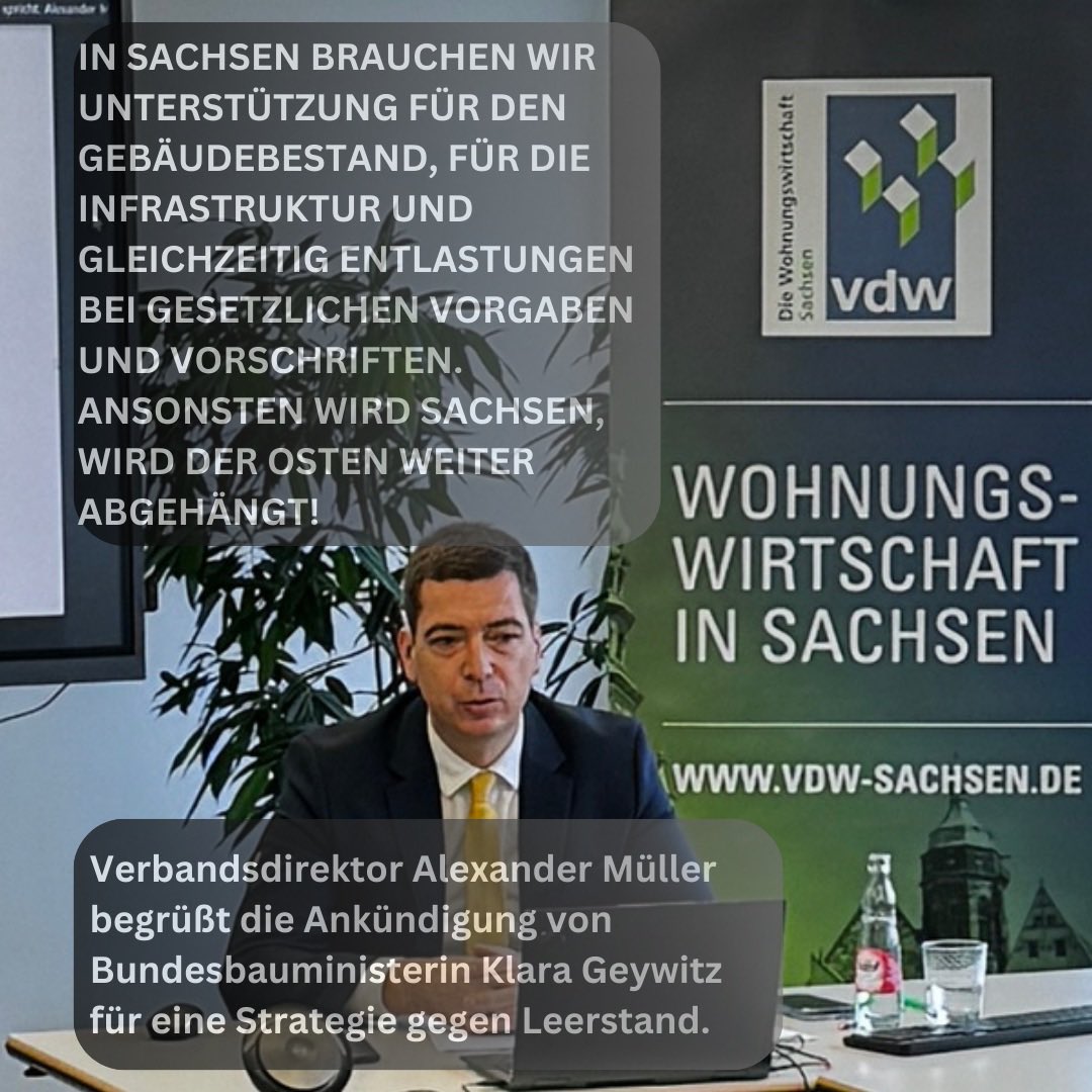 vdw Sachsen (@vdwsachsen) on Twitter photo Mit über 13 % außerhalb der drei großen Städte ist der Leerstand in Sachsen für viele unserer Wohnungsunternehmen nach wie vor ein existenzielles Problem und für die Kommunen eine enorme Herausforderung in Bezug auf ihre Entwicklung und Attraktivität. <a href="/BMWSB_Bund/">Bundesbauministerium</a> <a href="/klara_geywitz/">Klara Geywitz</a> Mit über 13 % außerhalb der drei großen Städte ist der Leerstand in Sachsen für viele unserer Wohnungsunternehmen nach wie vor ein existenzielles Problem und für die Kommunen eine enorme Herausforderung in Bezug auf ihre Entwicklung und Attraktivität. <a href="/BMWSB_Bund/">Bundesbauministerium</a> <a href="/klara_geywitz/">Klara Geywitz</a>