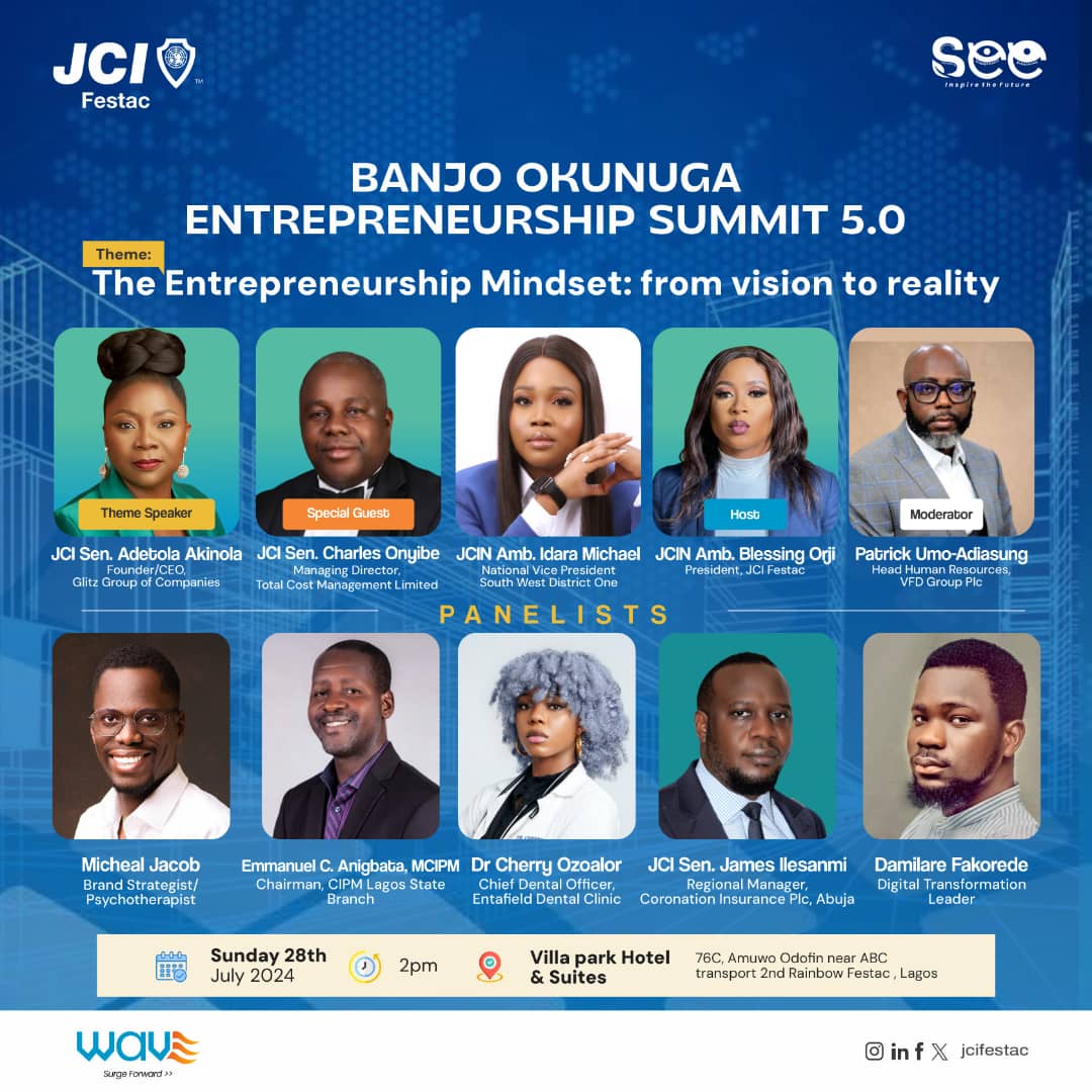 Don't miss out on this vital opportunity to expand your knowledge, connect with like-minded individuals, and elevate your professional journey 
 Join us for a day of learning, growth, and innovation!
#WAVE  #SurgeForward #JCIFestac #SEE #InspireTheFuture #JCINigeria  #BOES5