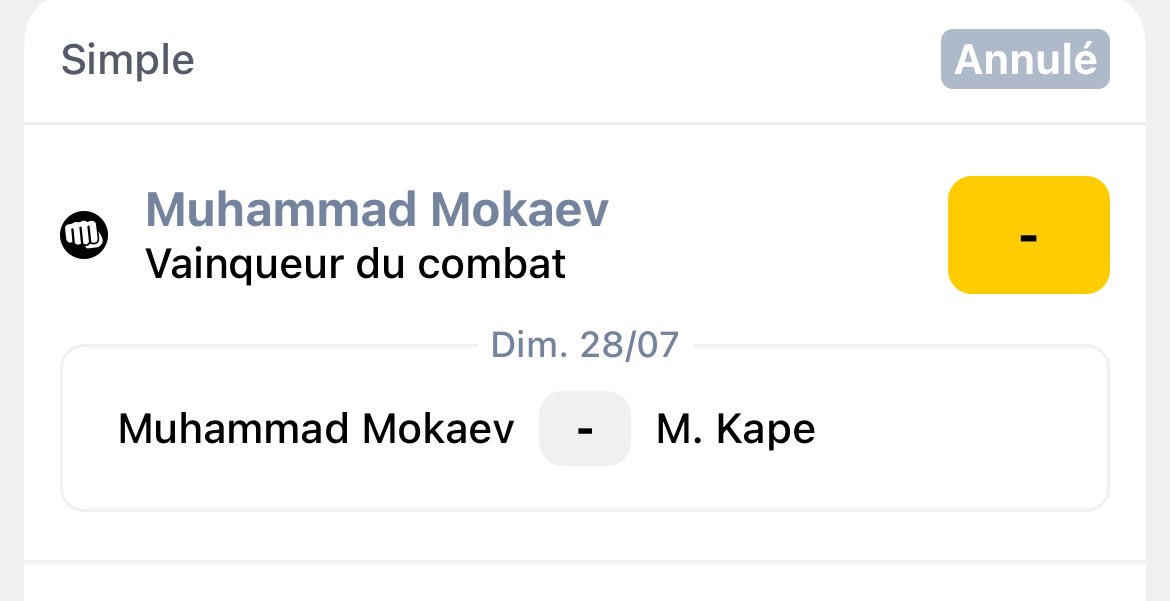 RomainTevaRR's tweet photo. Bonjour @Betclic pouvez-vous me dire pourquoi ce pari a été annulé ? Le combat a bien eu lieu et Mokaev a été désigné vainqueur 😅 https://t.co/qEjRPcLlwP
