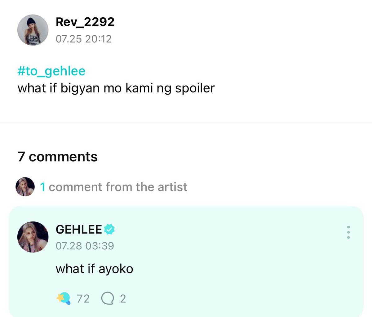 gehleesource's tweet photo. the difference between how she answers korean fans and filo fans is soo funny 😭 https://t.co/OwvK4POKTH