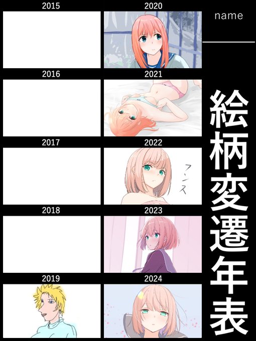 #絵柄変遷年表 
2019年3月、42歳で小学生以来のお絵描きを始めて
この時描いた金髪碧眼ボインボインな美女、絵心の無さに絶望しなかったのは偉いと思っています
20年の終わりには3ヶ月上達法をやりましたね 