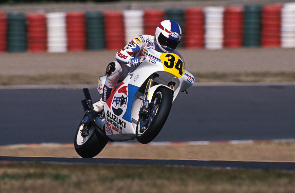TrackhouseMoto's tweet photo. Kevin Schwantz – 25 Grand Prix wins and One 500cc World Championship

Kevin Schwantz is, undoubtedly, one of the most popular riders ever to grace the 500c World Championship. 
Born into a motorcycling family on June 19, 1964, in Houston, Texas, Kevin honed his early skills on two wheels, firstly in Trials, where he adopted his iconic #34 from his uncle and then in Motocross. After a couple of 500cc World Championship outings in 1986 and 1987, Kevin became a full-time Grand Prix rider in 1988 and wasted no time in announcing his arrival – victory in the opening round of the season, at Suzuka in Japan, followed by another in Germany brought him to the attention of fans across the world. 
In 1989, he repeated his Japan win and went on to score five more wins and three podiums. Retirements restricted his Championship finishing position to fourth but the following year he ranked second, taking five wins and five podiums. Throughout, Kevin’s flamboyance and distinctive, no fear, riding style boosted a growing legion of supporters, particularly races like the ’91 German Grand Prix at Hockenheim where his legendary late race battle with Wayne Rainey gave him instant hero status. That season, again, saw five wins and after a single win in 1992, at Misano, Kevin had nineteen wins but still no Championship to his name. 
1993 changed all that and secured the Schwantz name and the #34 into folklore. Four wins and seven podiums put Kevin at the top of the world, winning the 500cc World Championship by thirty-four points. 
Two wins were added in 1994, the first in Japan, the second and his final Grand Prix victory at Donington Park in England. In 1995, after a string of injuries through his career, Kevin Schwantz left the 500cc World Championship with 25 wins on his slate – the second highest number in the group of American Grand Prix winners and remains to this day, one of the true icons of motorcycle racing and a poster boy for fans of his generation around the globe.
 
Photo credits – Gold & Goose