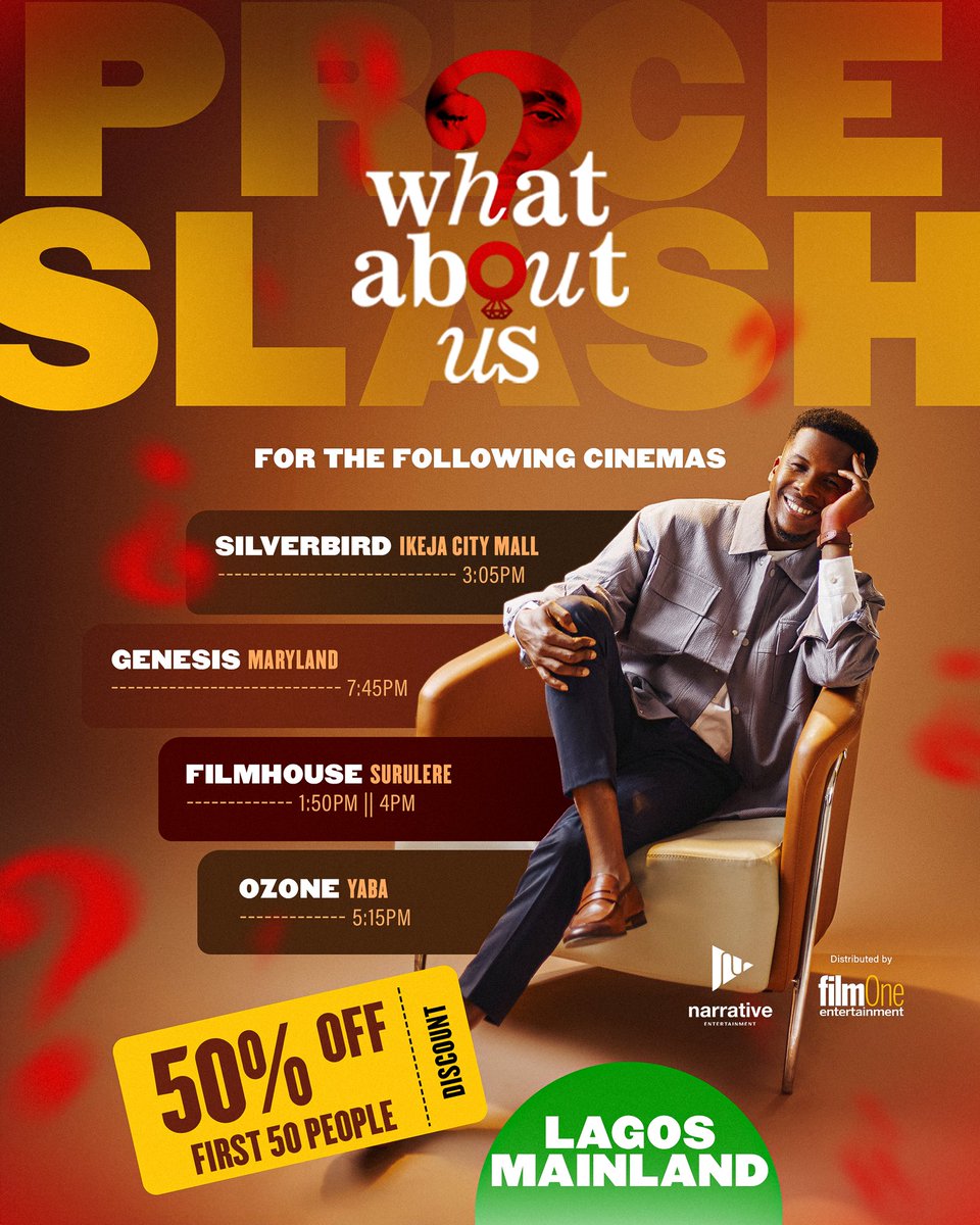 NarrativeEnt's tweet image. Get 50 percent off tickets prices for What About Us
Slide right for more cinemas.
Please note that this offer lasts for today and for the first 50 people.🔥
Watch What About Us today!
#whataboutus