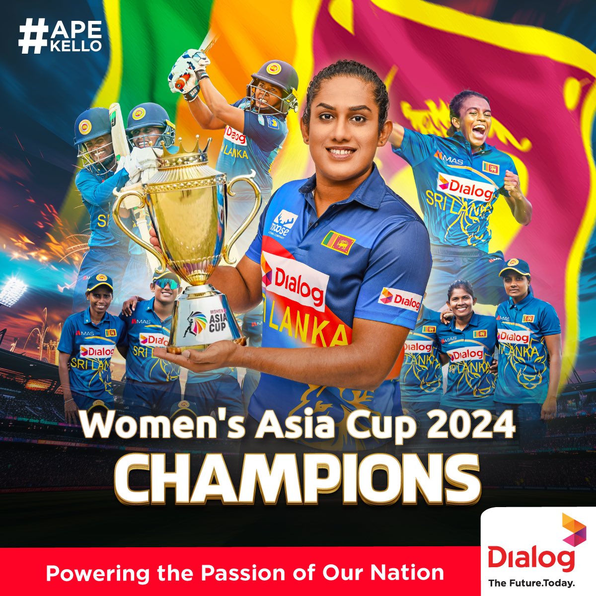 dialoglk's tweet photo. 🏆 Congratulations to #ApeKello, led by our proud brand ambassador Chamari Athapaththu, for becoming the champions of the Women's Asia Cup 2024! The entire nation congratulates you for leading the team to victory, Chamari!
Dialog: Powering the Passion of Our Nation
#WomensAsiaCup2024 #ApeKello #WomensCricket #Champions #PoweringthePassionofOurNation
