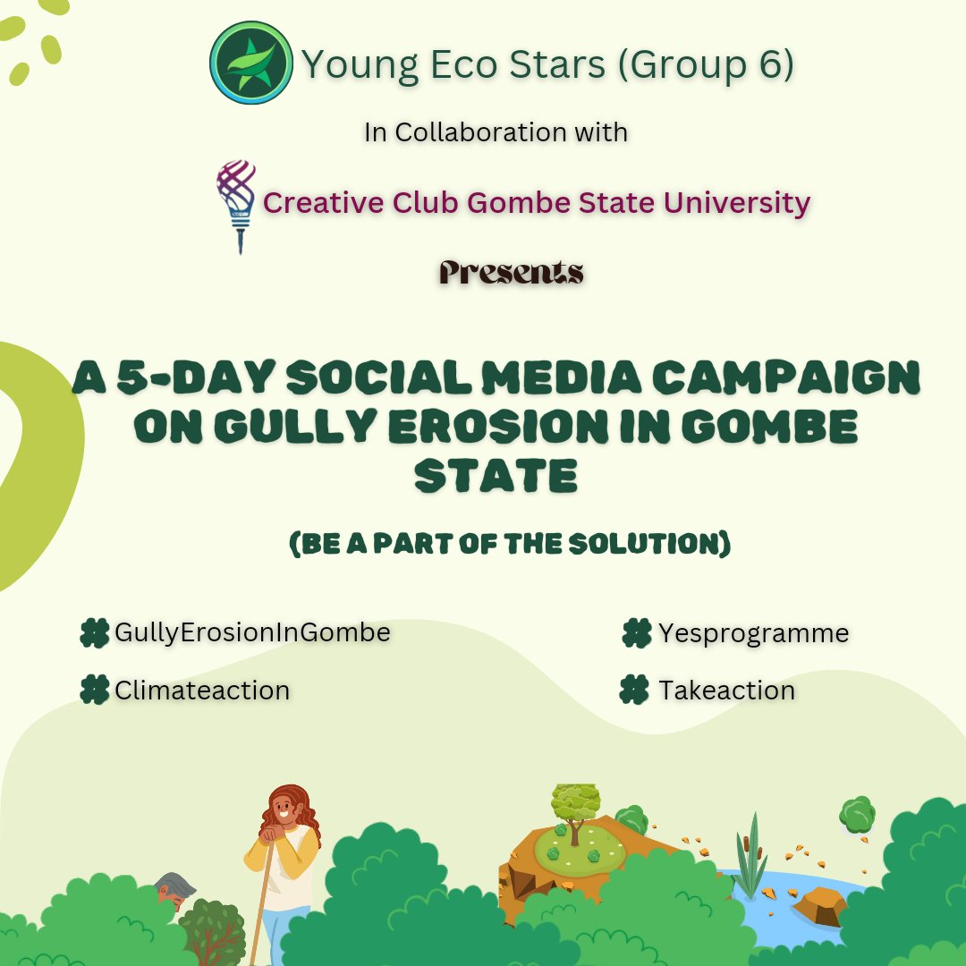 ccgsu1's tweet photo. Join the Movement!

#GullyErosionInGombe

We're excited to announce a 5-day social media campaign to raise awareness about the devastating effects of gully erosion in Gombe State!

Please use the hashtags as indicated on the flier 🔥
@yesprogramme_ https://t.co/Rz7FKDfJDx