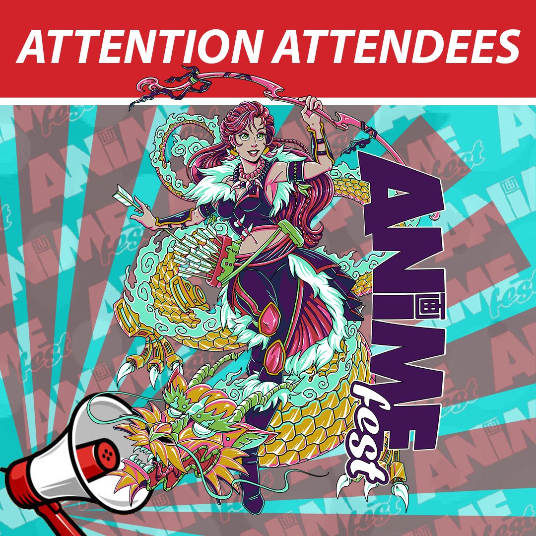 Sunday Hours of Operation
Registration Hours:
9am - 12pm
Dealer Room:
10am-2pm

Last panel begins at 2pm! Make sure to pick up your badge BEFORE Registration closes. We will not reopen once the booths are closed. Hours are posted on animefest.org!

Thank you!