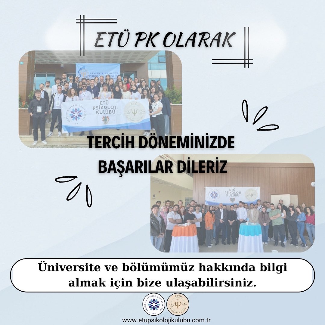 Herkese Merhaba

Etü Psikoloji Kulübü olarak Yükseköğretim Kurumları Sınavı (YKS) tercih dönemi boyunca sizlere destek olmaktan mutluluk duyuyoruz. Eğer bölüm ve üniversite tercihlerinizle ilgili herhangi bir sorunuz veya danışmanız gereken konular varsa, biz buradayız!🥳🎉👏