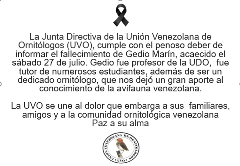 Cumplimos con el penoso deber de informar el fallecimiento del profesor Gedio Marín, acaecido el sábado 27 de julio. Paz a su alma.