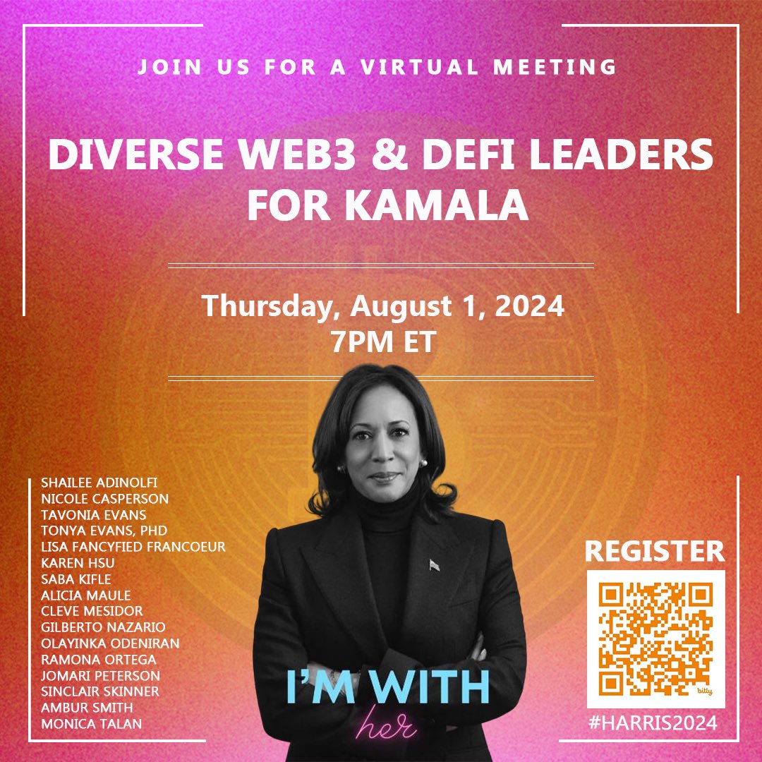 📢 Calling All Crypto Innovators:

Register to join fellow Web3 &amp; DeFi builders &amp; leaders this Thurs, August 1, 7PM ET.   

We will discuss support for Kamala &amp; importance of policies to foster financial inclusion.   

Sign Up: bit.ly/3A2jGhz 

#Harris2024
#Web3FORHarris