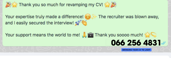 CV_Jobseeker's tweet photo. Start your success here!👇🏿
Enhance your job search with our revamped CV!
1️⃣ Connect 📲
2️⃣ Select revamp CV
Ready to excel?
Check it out 👉🏿 |

📎 https://t.co/9GO8vhCMcv|

Find out more | #JobSeekersSA https://t.co/QZAR7P2alx