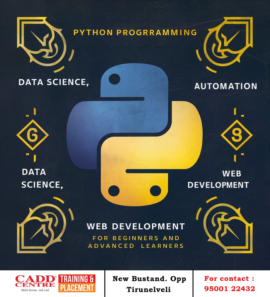 CADDCentretvl's tweet photo. Python #Cadd #trainingcenter #python #coding #it #ai https://t.co/fwUKXVCQQf https://t.co/YAmruL5HPO