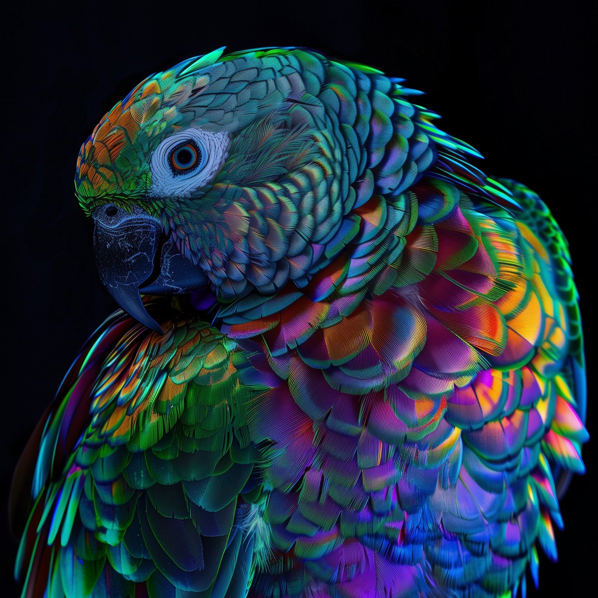 Vibrant portrait of a parrot in neon colors, highlighting its intricate feather details against a dark backdrop. //Created by user A-Astro in #midjourney 

#midjourneyai #midjourneyart #leonardoai #stablediffusion #adobefirefly #digitalart #digitalartist