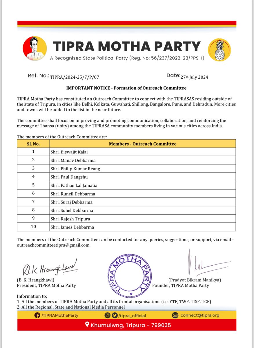 PradyotManikya's tweet photo. I will personally monitor this group - our people/students, professional/workers/ can have meet or greet, cultural program, food festival,Freshers in
Delhi, Bangalore,Shillong,Pune,Dehradun, Pune Hyderabad and we will help u
You can also email me outreachcommiteetipra@gmail.com https://t.co/EI2eqao0fm