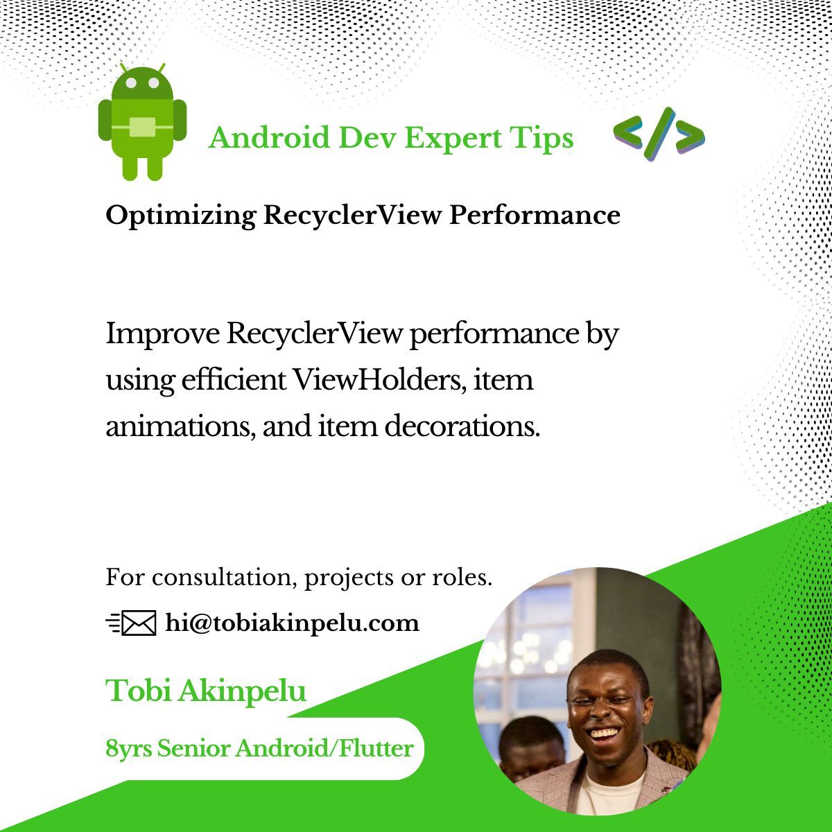 tobiakinpelu_'s tweet image. RecyclerView is crucial for handling large datasets in Android. Optimize it with the ViewHolder pattern, smooth item animations, and efficient decorations for better performance and user experience.
 like, share, and comment.
#androiddev #androidjetpack #androidcompose #coding