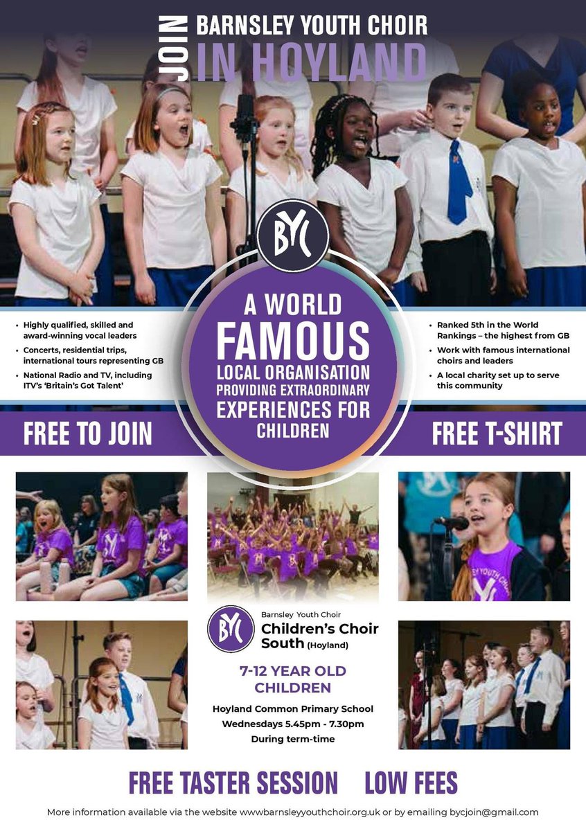 BYC Children’s Choir South - NEW choir based in Hoyland, open to all children aged 7-12 years old in the South of Barnsley at @HoylandCommonPS and the wider area too. A fantastic opportunity. All welcome! docs.google.com/forms/d/e/1FAI…