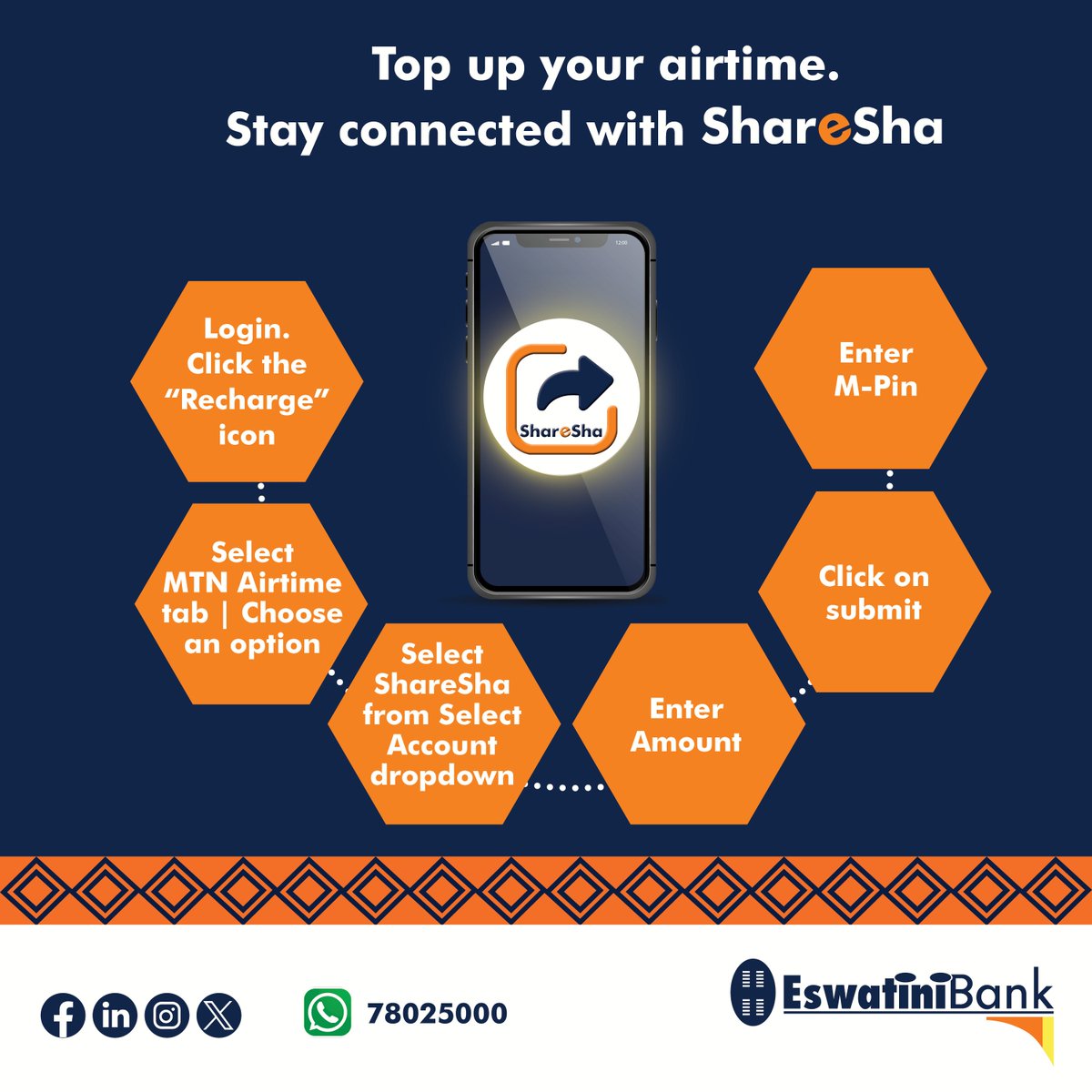 EswatiniB's tweet photo. Buy MTN airtime easily and stay connected through ShareSha. Follow these steps to top up. For assistance, call 2409 5000, WhatsApp 7802 5000, or email callcenter@swazibank.co.sz #EswatiniBank #LibhangeLesive #Belong #Tivele_Usekhaya #ShareSha #airtimetopup https://t.co/otJ4kDfsol