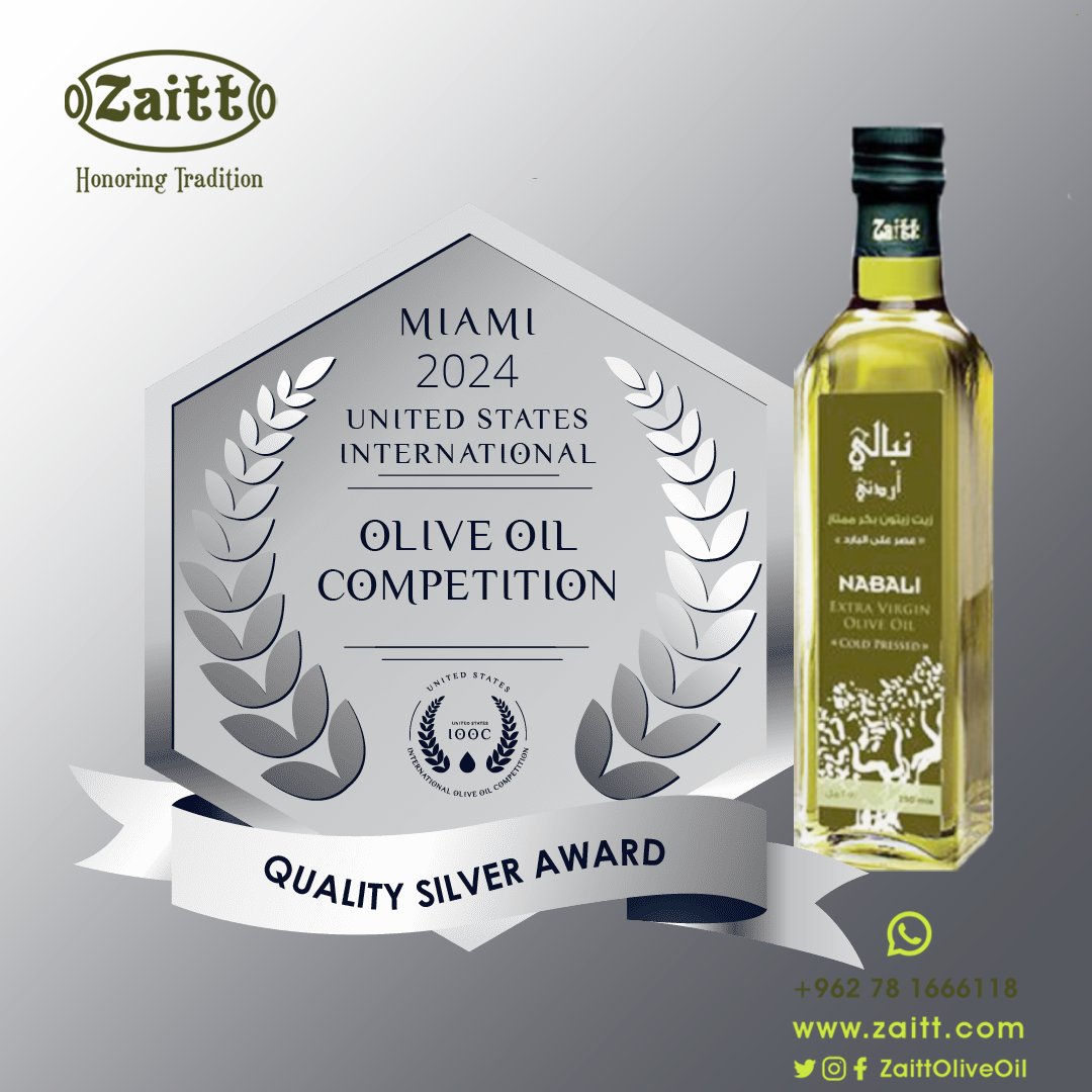 ZaittOliveOil's tweet photo. فخورون بالإعلان عن فوز زيت نبالي أردني أحد منتجاتنا في  العلياء للصناعات المتخصصة بالجائزة الفضية في مسابقة زيت الزيتون الدولية في الولايات المتحدة الأمريكية (USIOOC) لعام 2024 في ميامي! هذا التكريم يعكس الجودة والتميز الذي نضعه في إنتاج زيت الزيتون الخاص بنا.
#العلياء #الأردن https://t.co/jPSiMNaxUy