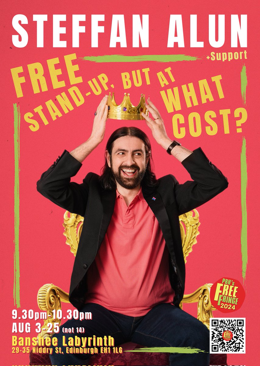 My new Edinburgh show for 2024 - Free Standup, But At What Cost?

Every day from 3 to 25 August (except the 14th) at 9.30pm in the Banshee Labyrinth on Niddry Street.