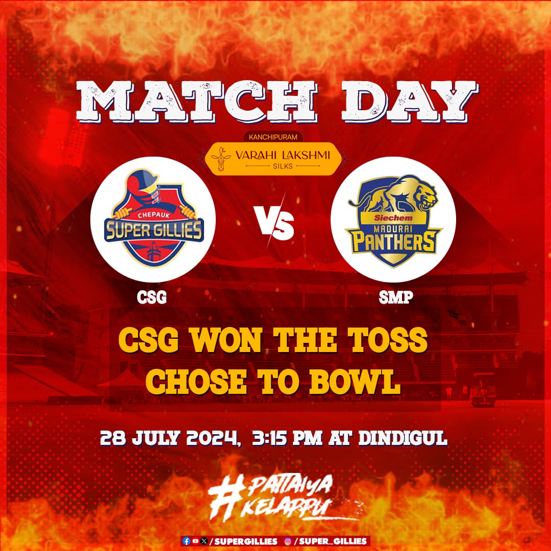 supergillies's tweet photo. Super Gillies Won The Toss & Chose To Bowl First
#SuperGillies #CSGvsSMP #CSG #PattaiyaKelappu #TNPL2024 https://t.co/gYBFU1Hbkp